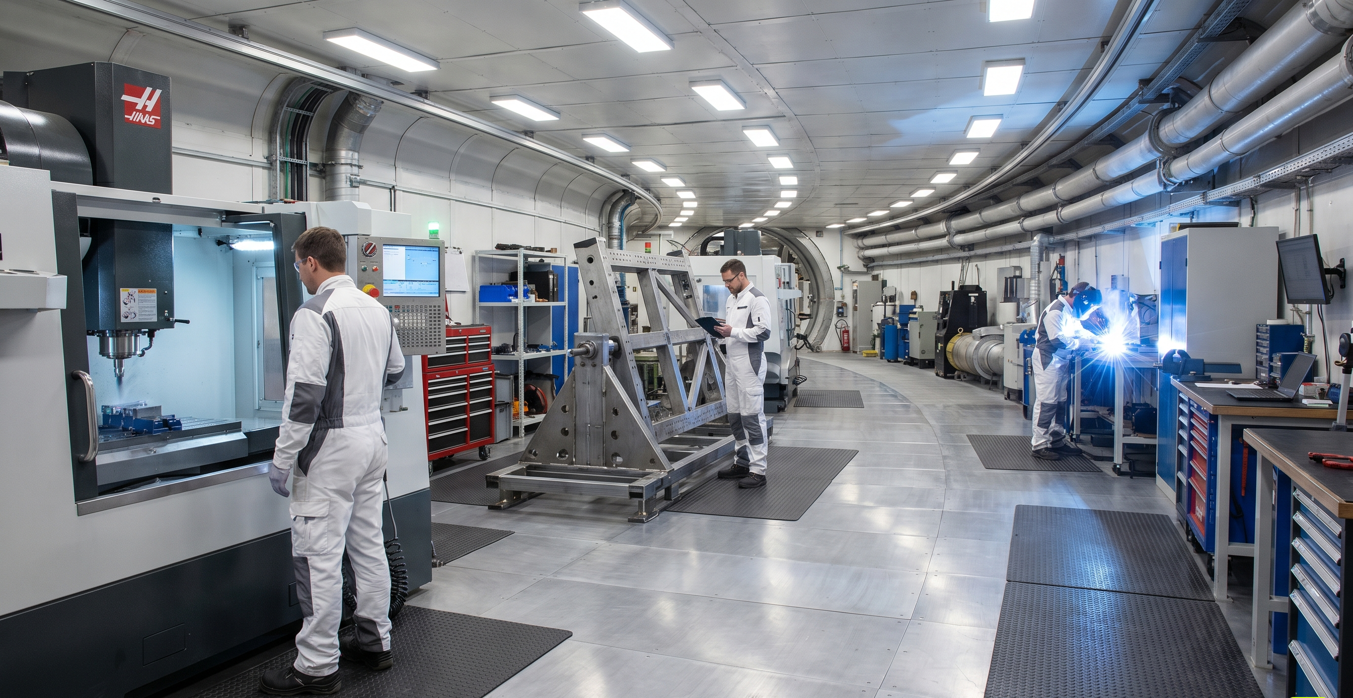 Interior view of a HALO-1 industrial deck under simulated 1g. Three workers in clean technical coveralls (not pressure suits) are operating heavy machine tools — a CNC mill, an assembly jig, and a pressure-vessel weld station. Floor is oriented outward from the spin axis; the curvature of the deck rises gently toward the back of frame. Lighting is functional industrial overhead, not cinematic.