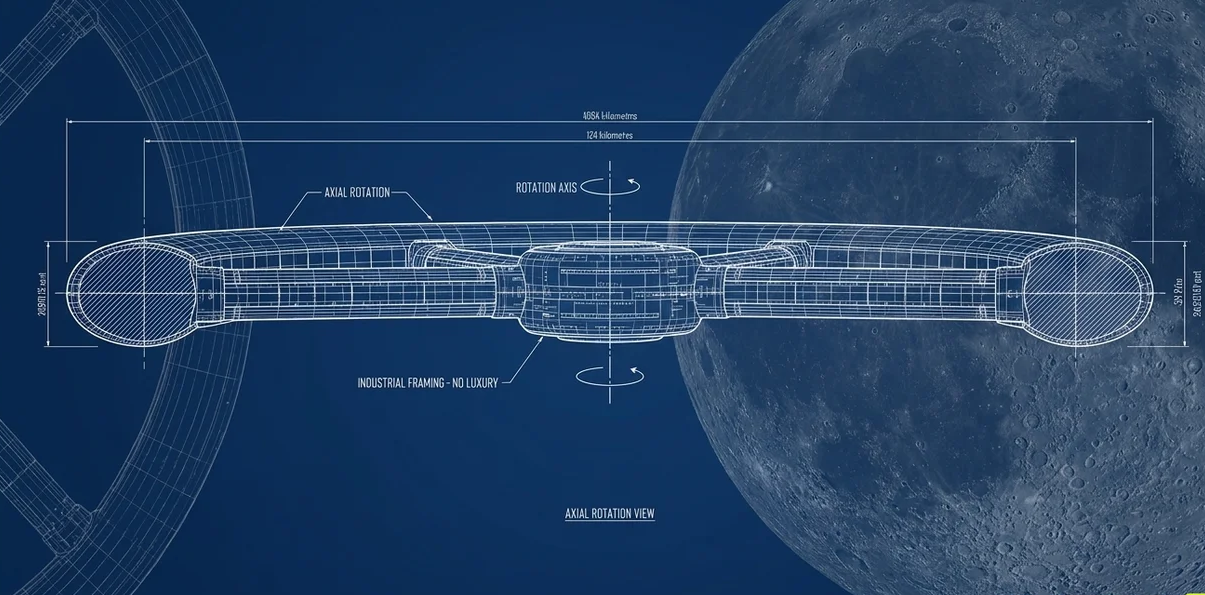Wide cinematic view of a kilometre-class rotating ring station in cislunar orbit, with the lunar surface and Earth visible in the deep background. The ring is photographed in profile so its rotation axis is apparent. Industrial framing, no decoration, no luxury cues.