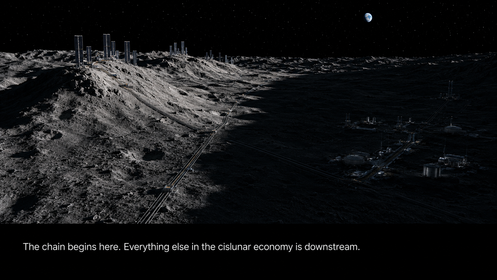 Wide panoramic view of a lunar polar operating region at the terminator: sunlit ridge peaks with photovoltaic mast clusters on one side, a shadowed industrial valley on the other, and transmission corridors running between them.
