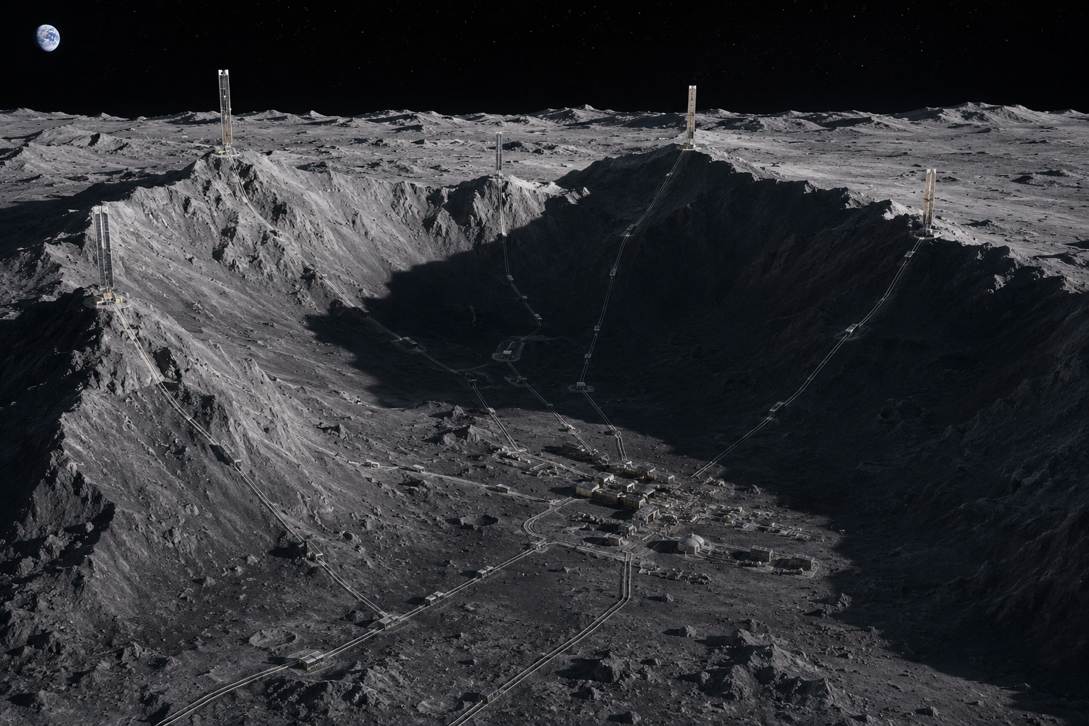 Aerial view of a lunar polar power topology: several tall photovoltaic masts on separate ridge peaks, with transmission line corridors descending into a shadowed operating valley below.