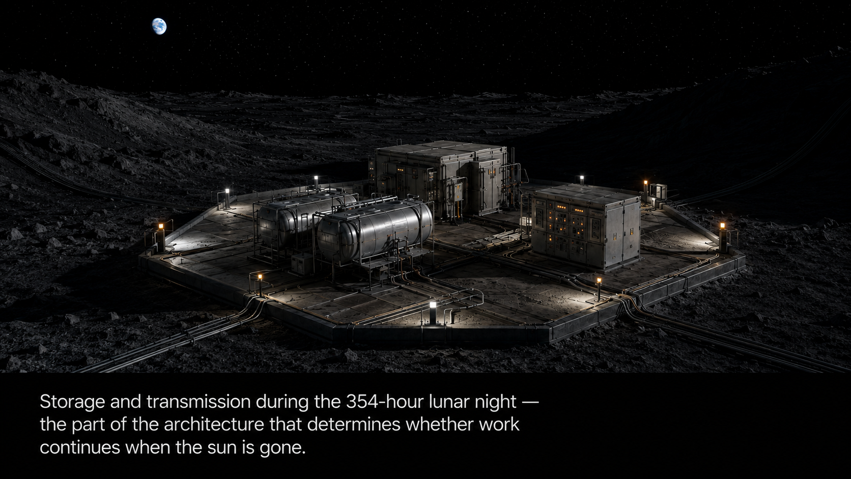 A lunar power switching and storage station during the long lunar night, lit by its own status lighting against a pitch-black sky and starfield. Shielded enclosures, thermal storage tanks, and heavy cabling are visible on a hexagonal foundation pad.