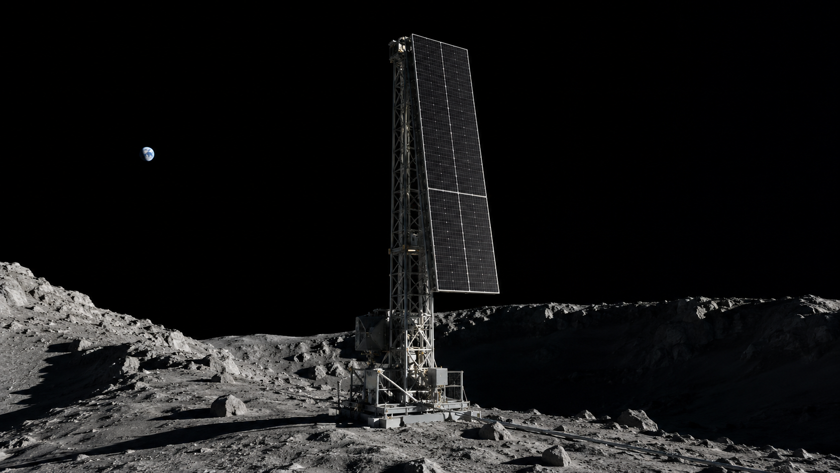 A tall solar power mast at the rim of a lunar polar peak, its photovoltaic panels catching low-angle sunlight while the crater behind falls into deep shadow. The small blue Earth is visible high in the black sky.