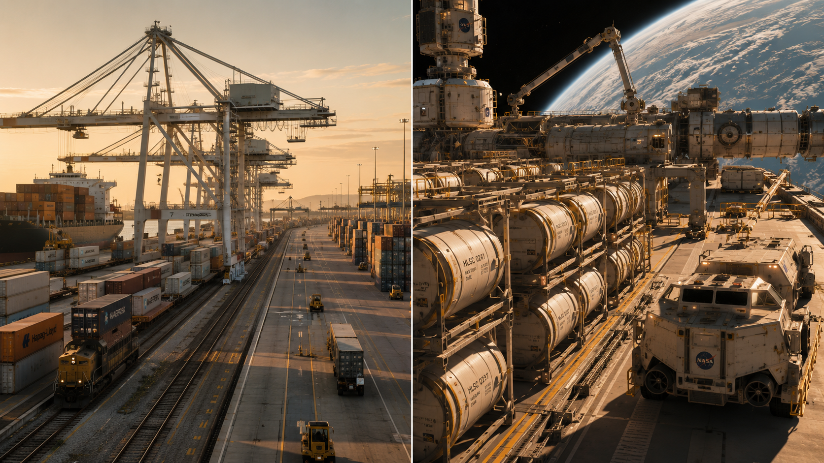 Side-by-side visual analogy: a terrestrial industrial port (cranes, container stacks, freight rail) on the left, juxtaposed with the equivalent in cislunar space (orbital cargo bay, mass-driver-launched canisters being received by a tug, modular yard structures) on the right. Both are photographed in the same Apple-keynote-meets-NASA style so the analogy reads clearly.