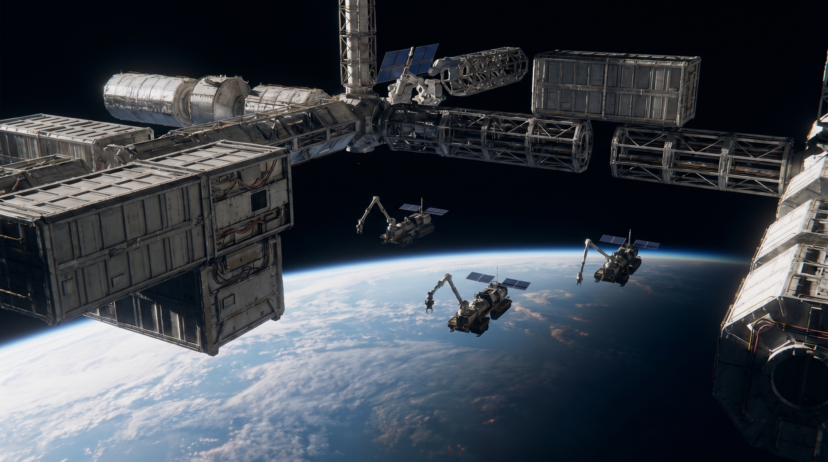 Wide cinematic view of a partially-assembled cislunar construction yard — modular cargo containers, structural truss segments, and support vessels staged in orbit. Earth fills the lower background. The image conveys infrastructure being organised, not a rocket launch.